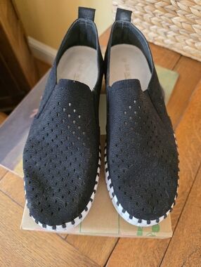 Black Slip-On Perforated Knit Platform Sneakers